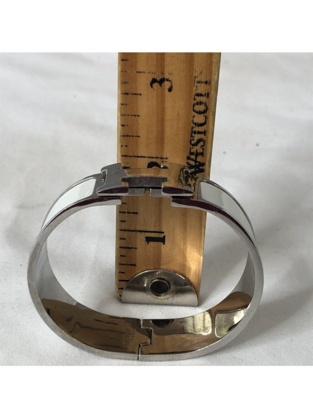 Hermes White Enamel H Bangle Bracelet Silver Tone Turnlock Hinged Box Jewelry - Picture 5 of 16